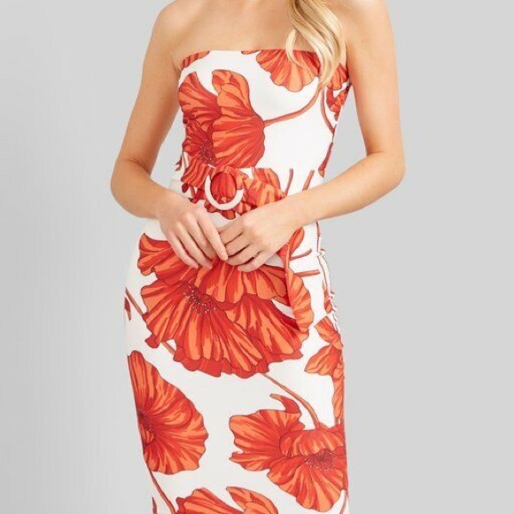 Kookai Zinnia Floral Strapless Dress in Red and White